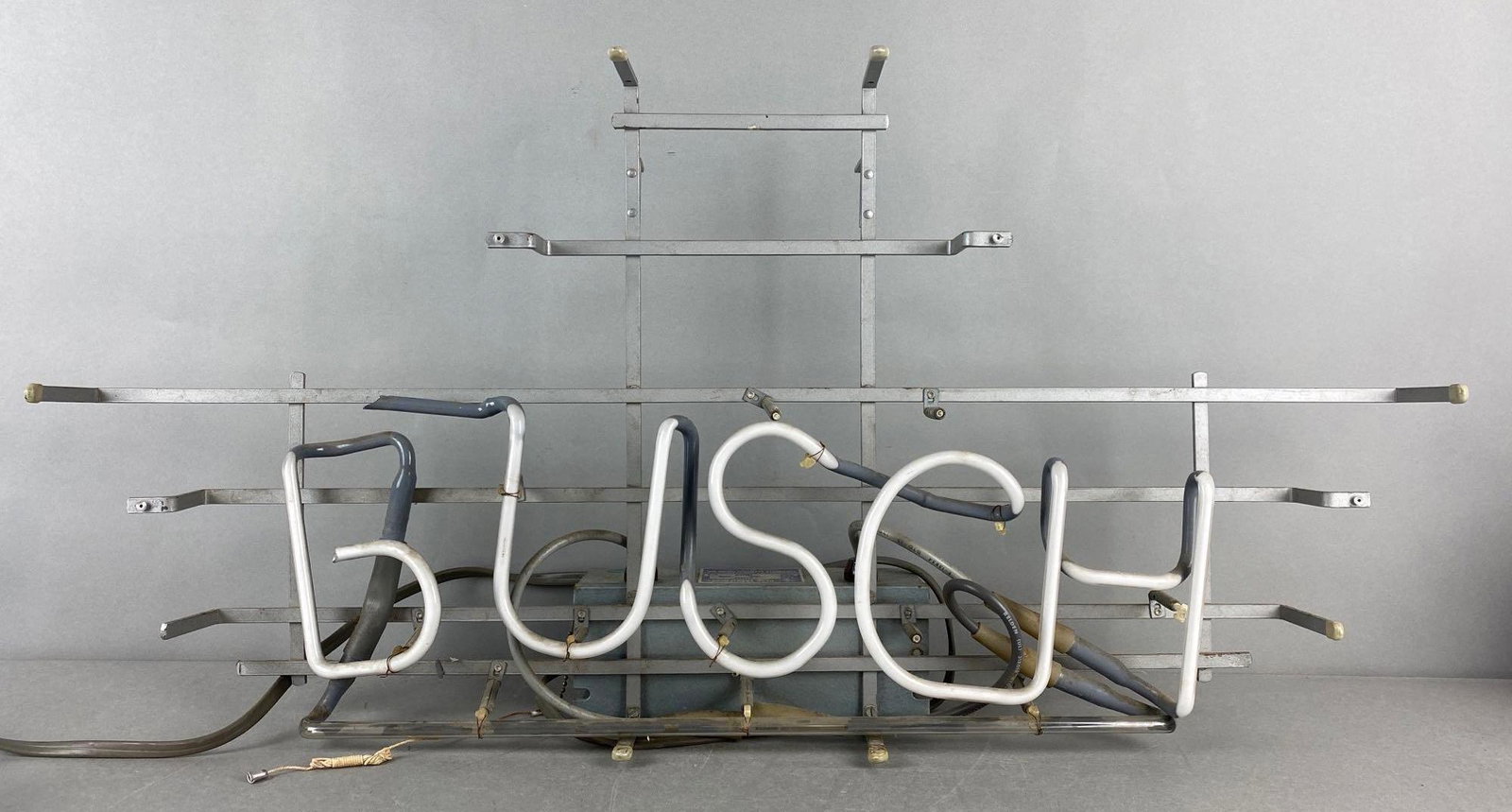 Busch Beer Neon Advertising Sign: B is cracked, SCH cracked off back, measures 16 1/4 X 32 1/2 X 5 1/2 inches