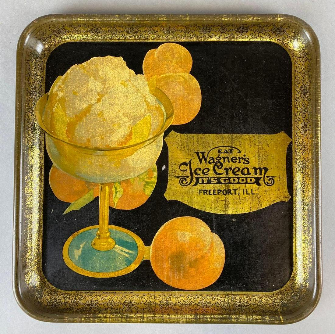 Vintage Wagners Ice Cream Freeport IL. Advertising Metal Tray: Freeport IL, measures 13 1/4 X 13 1/4 X 1 inches
