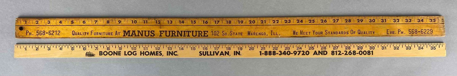 Group of 2 Advertising Yard Sticks: Includes Indiana and Illinois, Manus Furniture and Boone Log Homes, largest is 36 X 1 1/4 inches