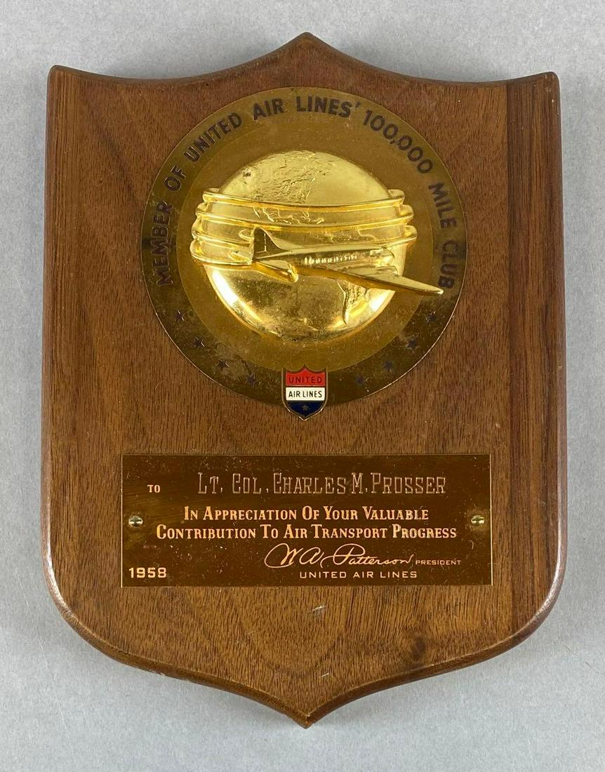 United Air Lines 100,000 Mile Club Award Plaque: Lt. Col. Charles W. Prosser, 1958, measures 8 3/4 X 6 1/4 X 1 1/4 inches