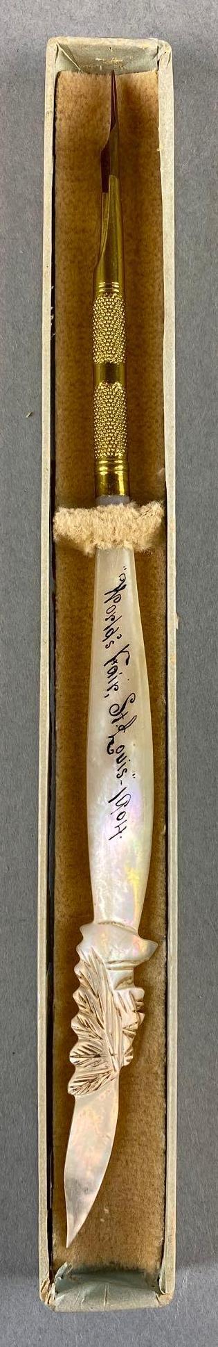 1904 St. Louis Worlds Fair Abalone Shell Souvenir Calligraphy Pen: 1904, with box, measures 7 1/2 X 1/2 inches, box measures 8 X 3/4 inches