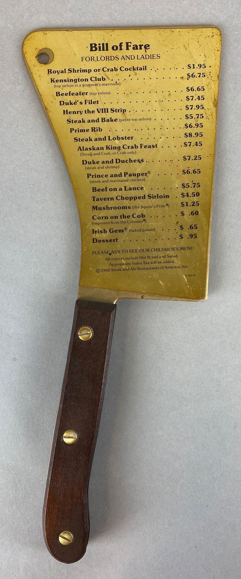 1968 Steak and Ale Restaurants Bill of Fare Menu Cleaver (1 of 3)