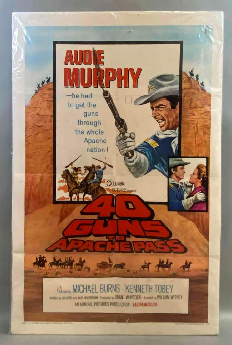 1967 Columbia Pictures 40 Guns To Apache Pass Movie Postet: Starring Audie Murphy, No. 67/32, On cardboard backing, Measures 42 x 27in.