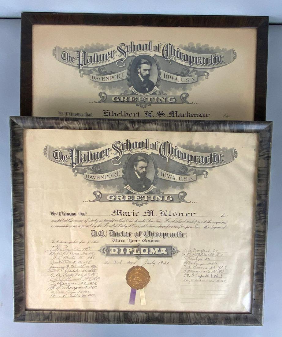 Group of 2 1919-1921 Palmer School of Chiropractic Diplomas: Davenport Iowa, Frames measure 17 1/2 x 21 1/2in.