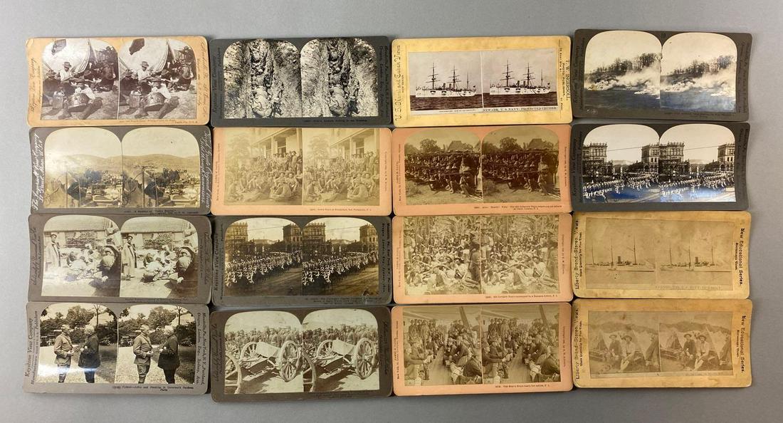 Group of 16 Military Stereo Views: Includes French Soldiers Resting in Trenches, Joffre and Pershing in Governors Gardens Paris, Battery of Japanese Artillery Arriving at Antung Mouth of Yalu River 1905, and more. Largest measures 3 1/