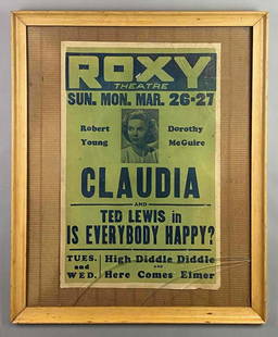 Roxy Theatre Is Everybody Happy Promotional Poster: Starring Claudia and Ted Lewis, Front glass broken in pieces at bottom, Frame measures 32 1/2 x 26 1/2in, Poster measures 26 x 17in.