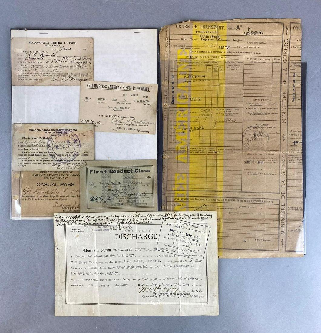 Group of 1919-1920 Military Ephemera: Includes transport order, discharge certificate, and first conduct class cards, 1919-20, condition consistent with age, largest measures 13 3/4 X 8 1/4 inches