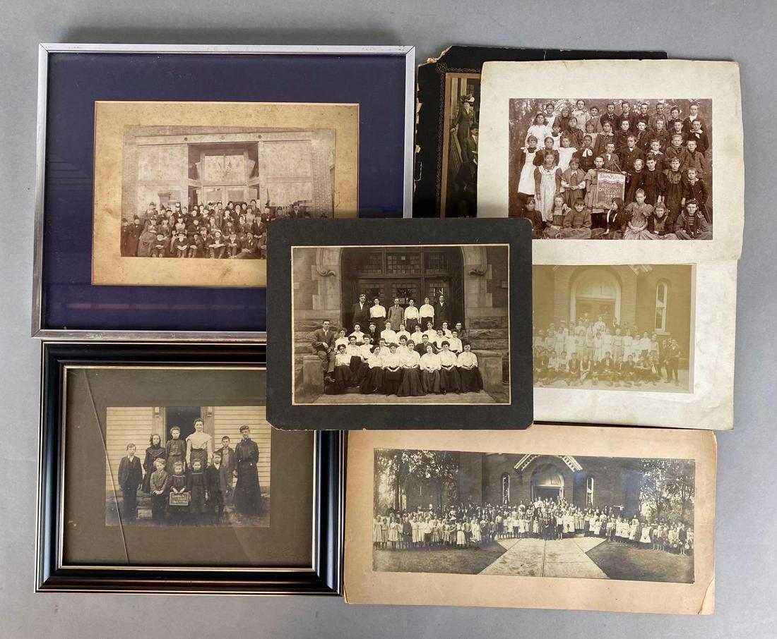 Group of 7 Antique Group Photographs: 1890s-1910s, Includes Veterans, School classes, Town Halls, and more, Largest measures 11 1/2 x 14 1/2in.