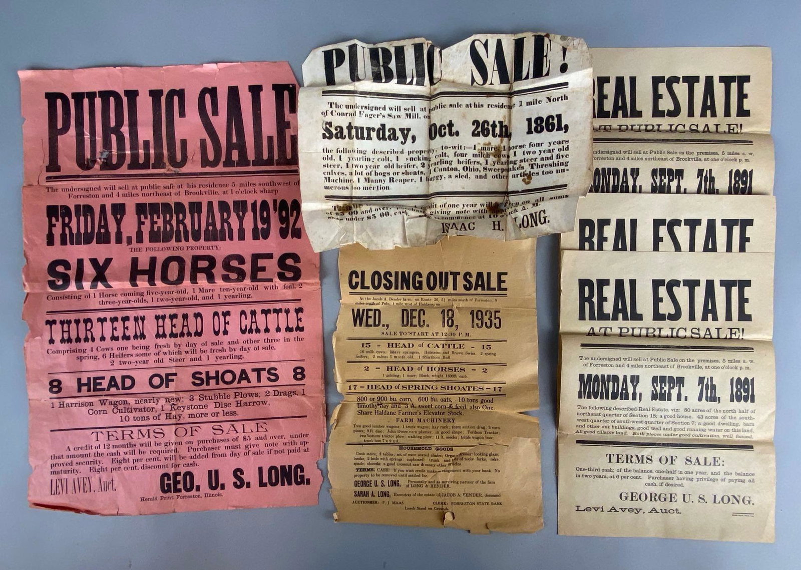 Group of 7 Illinois Public Sale Flyers and Posters: 1860s-1930s, Public Sale, Real Estate, Auction, Several tears throughout, Largest measures 18 x 12in.