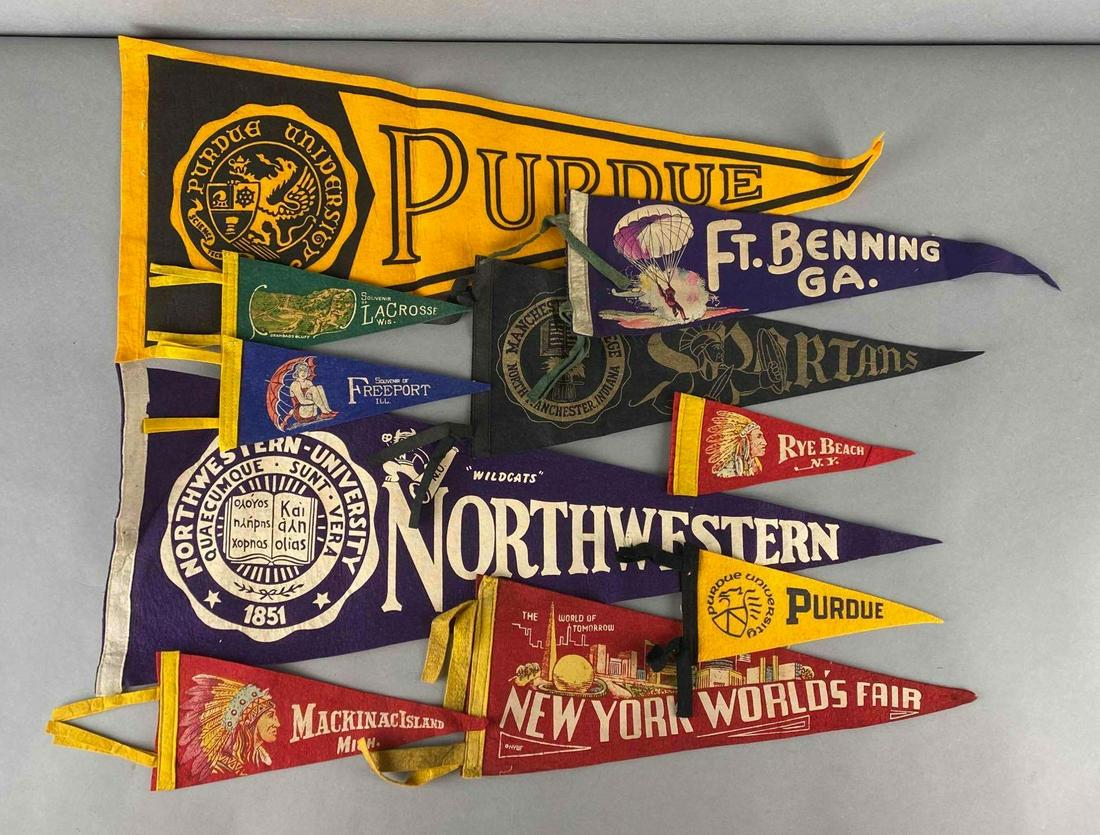 Group of 10 Felt Pennants: Includes Rye Beach New York, Perdue University, Freeport Illinois, New York Worlds Fair, and more, Largest measures 12 x 29in without tassels.