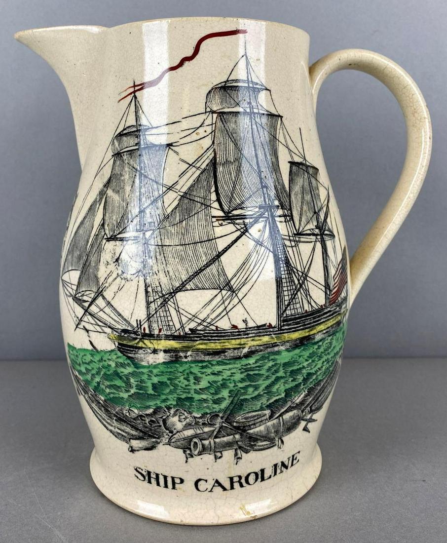 Antique Ship Caroline Polychrome Liverpool Pitcher (1 of 6)