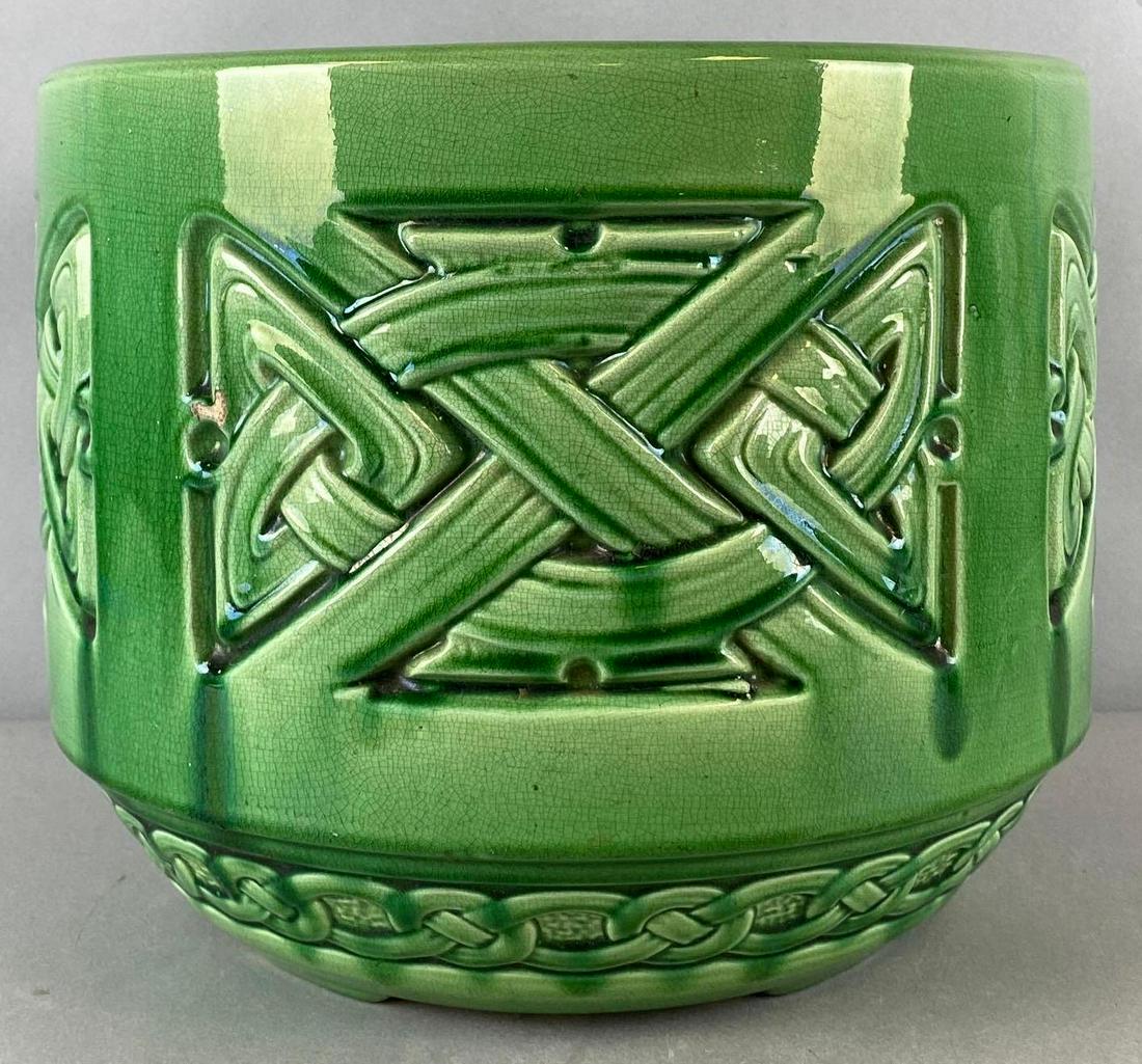 Antique Arts and Crafts Green Glaze Pottery Jardiniere: Crazing, measures 10 1/4 X 12 1/2 inches