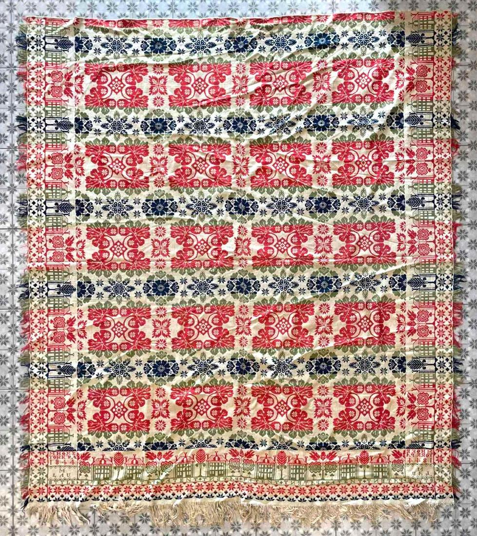 Antique 1844 Floral and Home Pattern Coverlet (1 of 7)