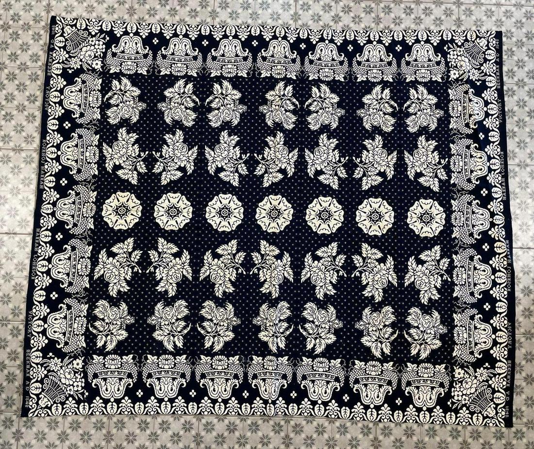 Antique 1848 Navy Floral Pattern Coverlet (1 of 7)