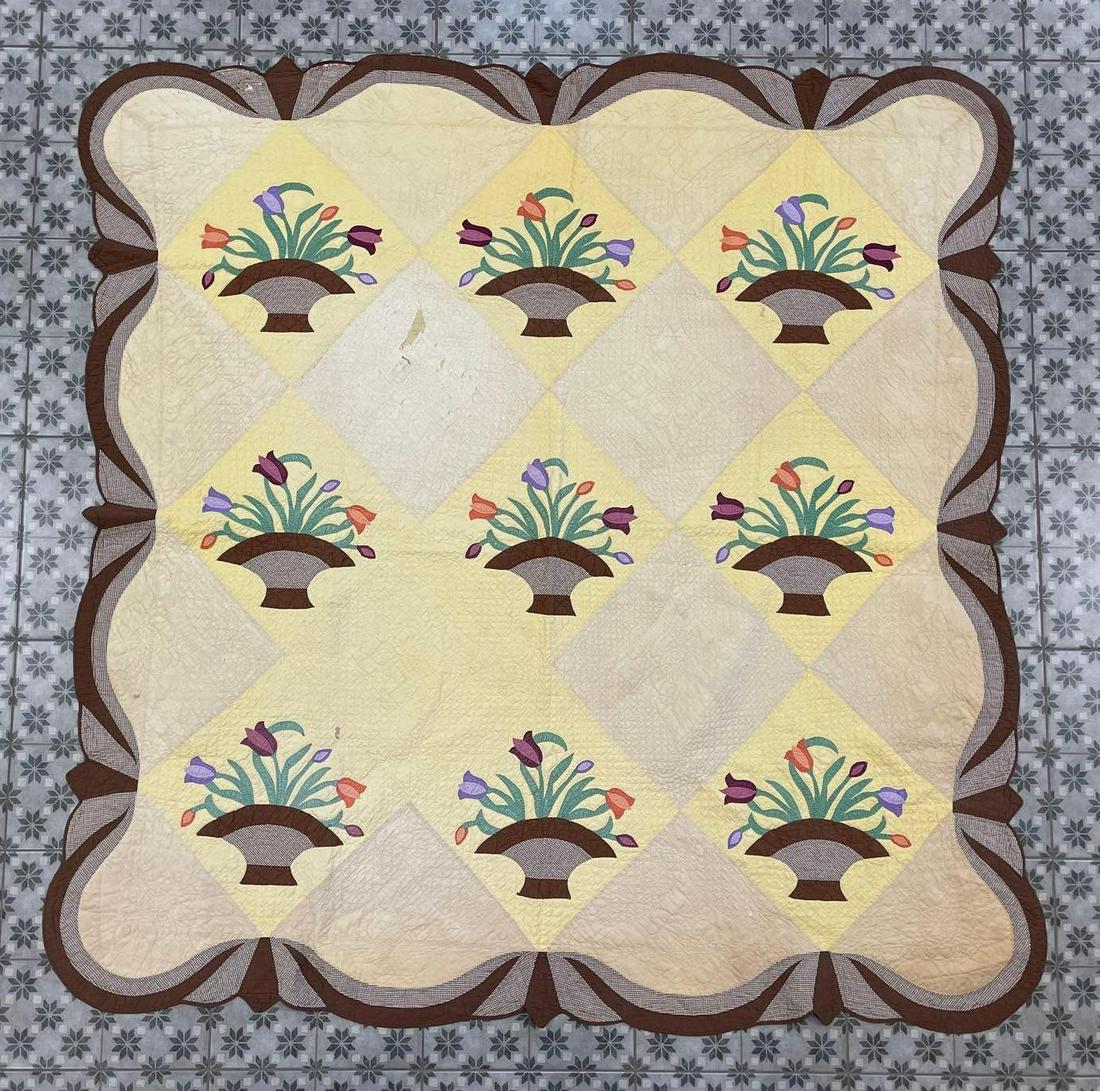 Signed Antique Hand Stitched Flower Basket Pattern Quilt (1 of 7)