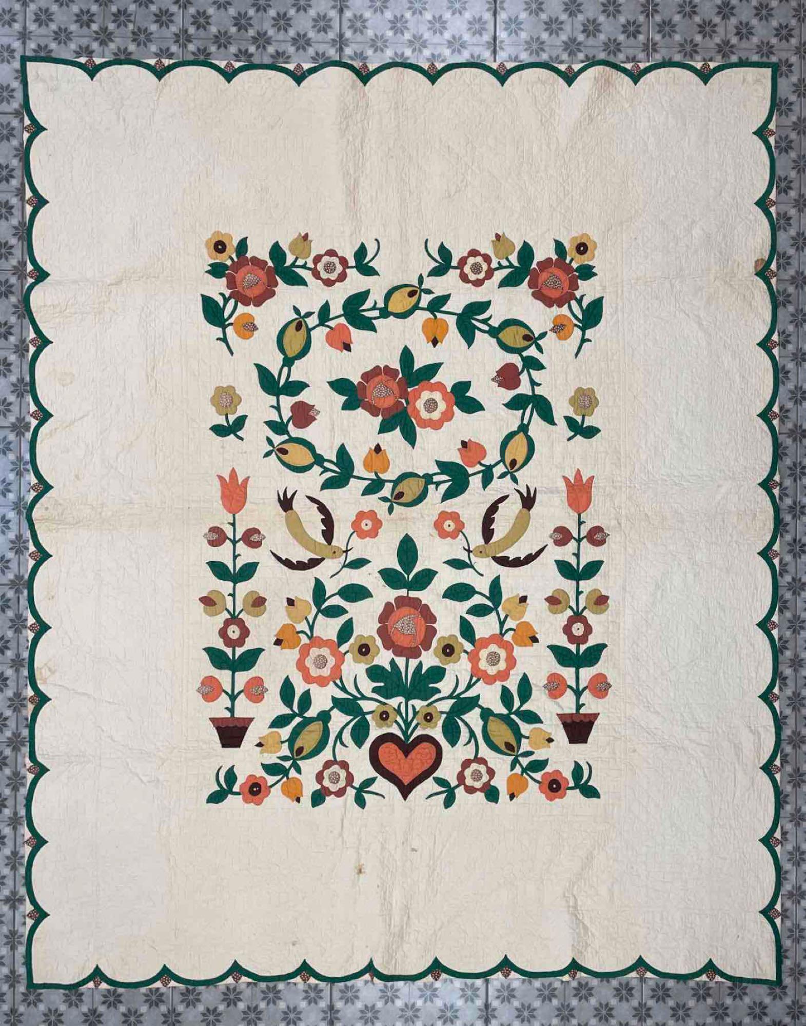 Antique Hand Stitched Garden Scene Quilt (1 of 7)