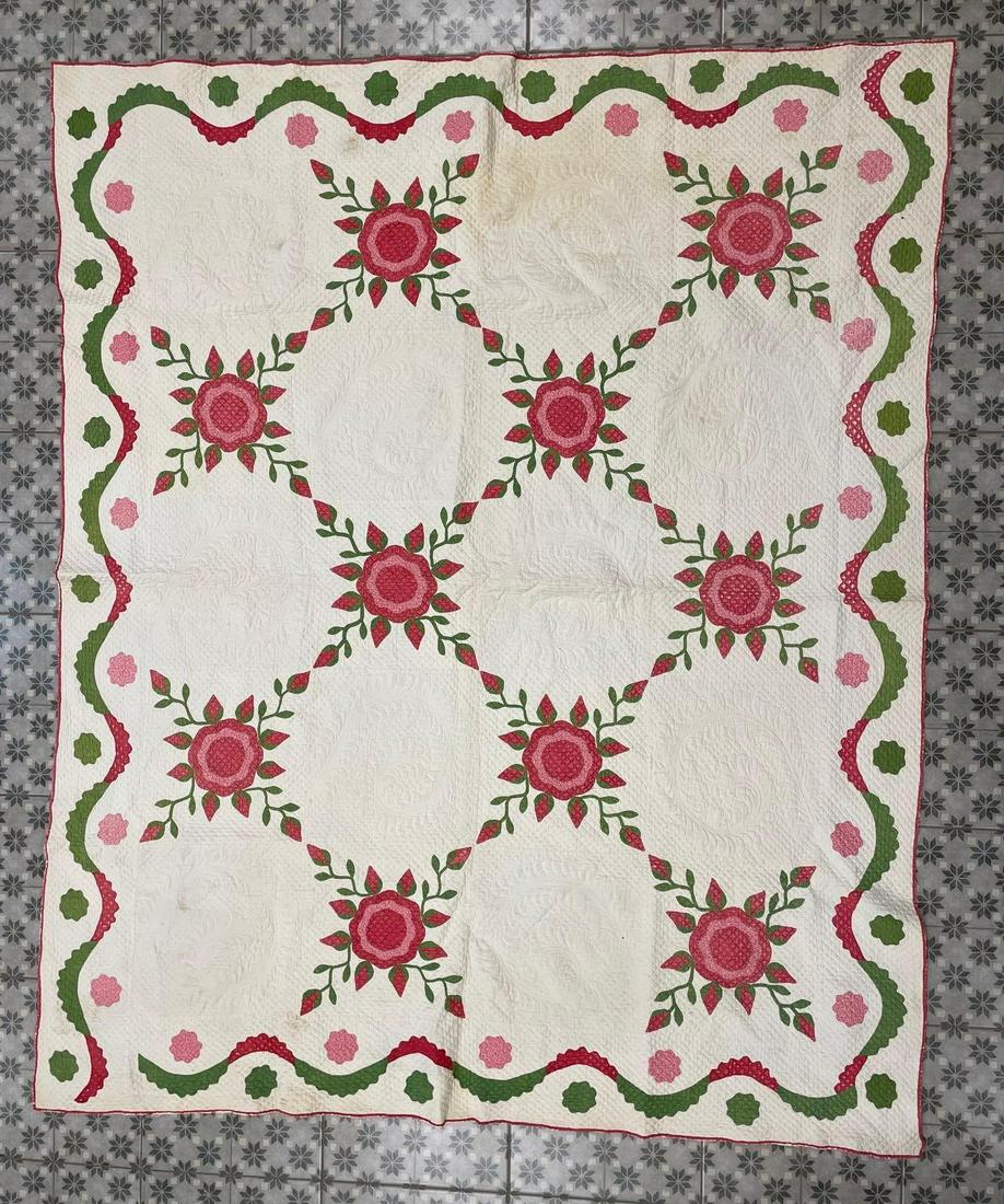 Antique Hand Sewn Rose Pattern Quilt (1 of 4)