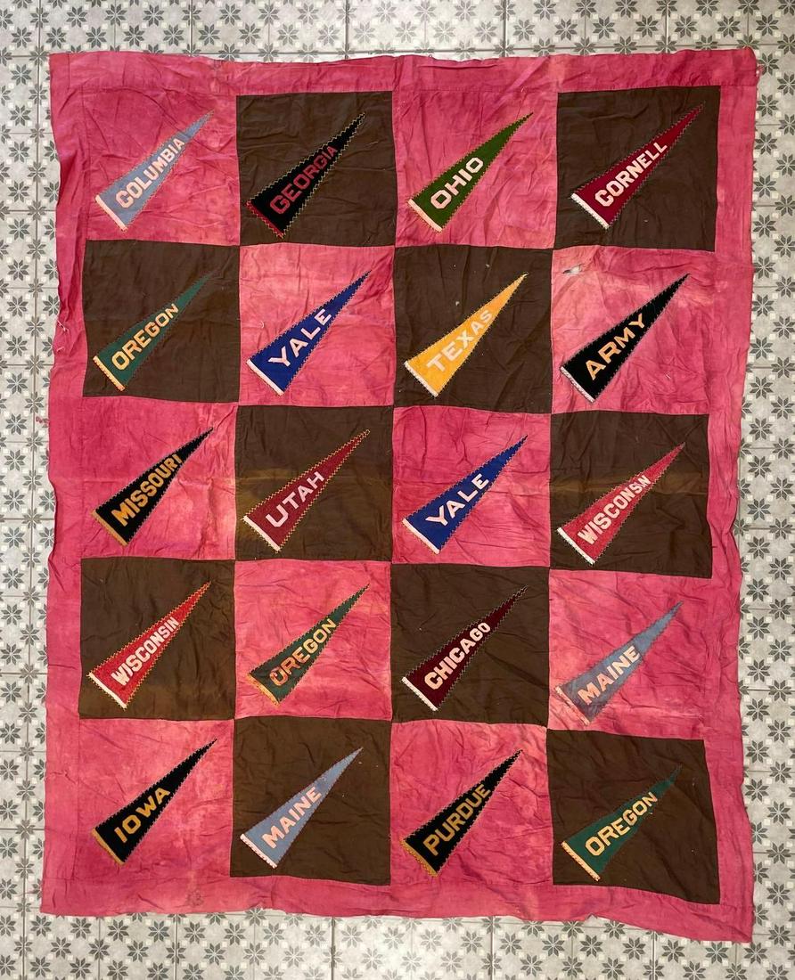 Antique Hand Stitched College Pennant Quilt: Includes Iowa, Chicago, Wisconsin, Army, and more. Holes and staining throughout. Measures 87 x 70 inches
