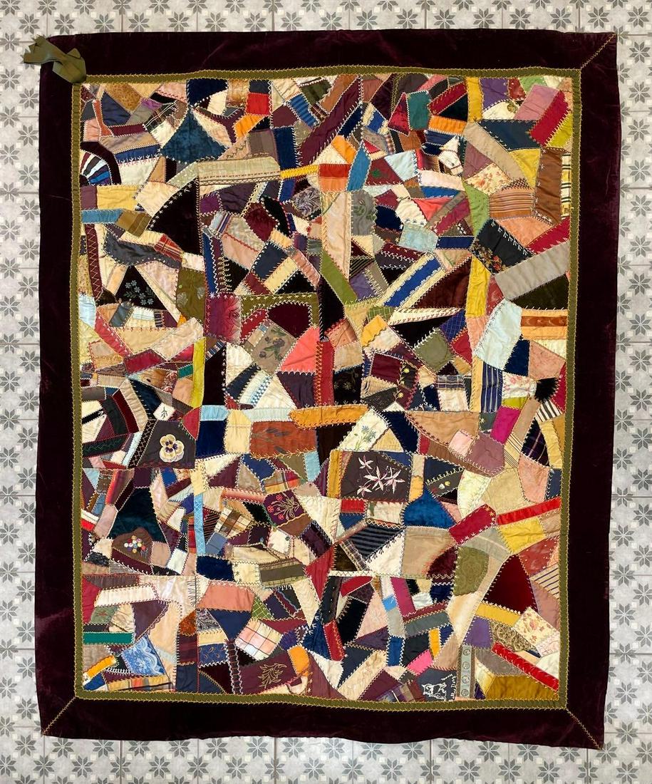 Antique Hand Stitched Velvet Crazy Quilt (1 of 7)
