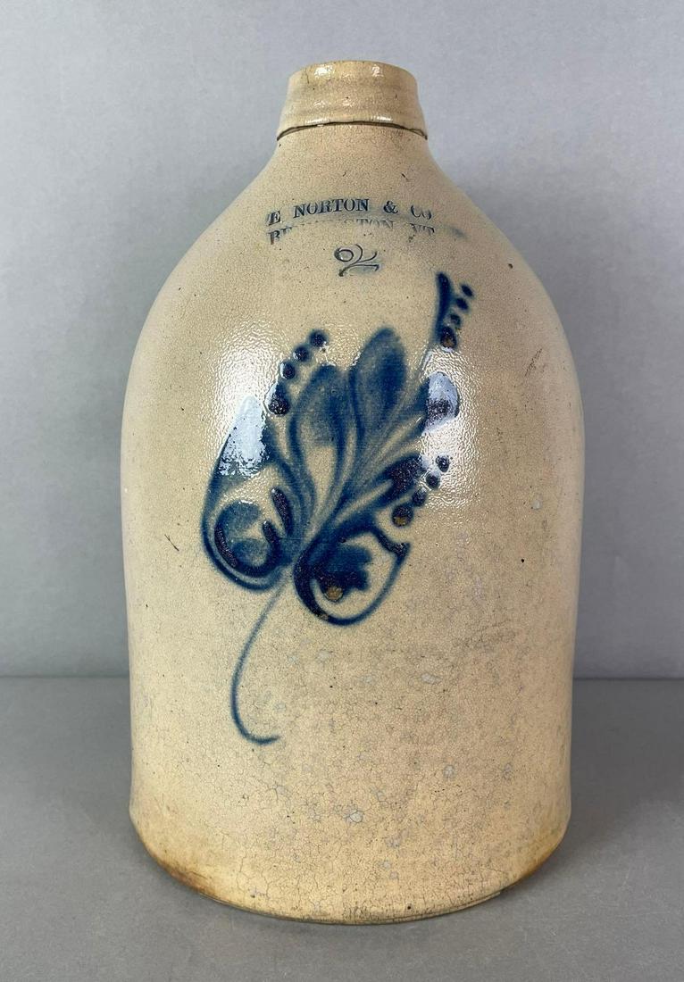 E. Norton and Co Bennington, VT 2 Gallon Salt Glaze Jug with Cobalt Floral Decoration (1 of 7)