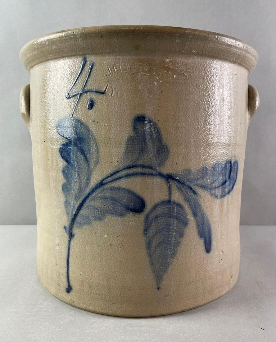 J. Fisher Lyons, NY 4 Gallon Salt Glaze Crock with Cobalt Leaves Decoration (1 of 7)
