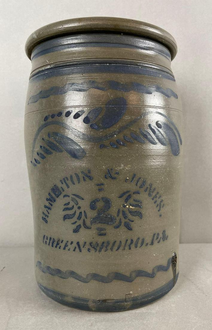 Hamilton and Jones Greensboro PA 2 Gallon Salt Glaze Crock with Cobalt Decoration (1 of 5)