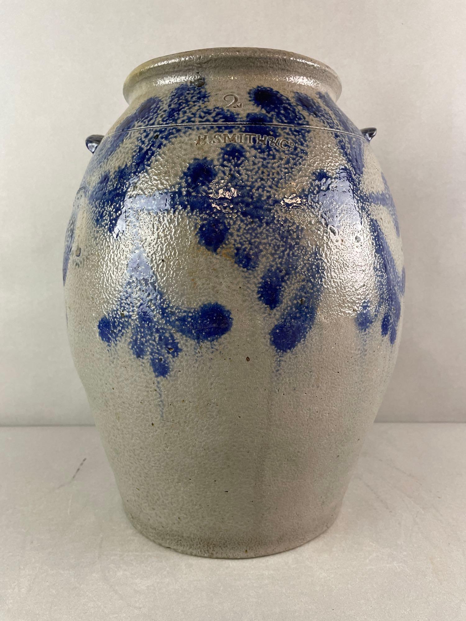 H. Smith and Co. Alexandria VA - 2 Gallon Salt Glaze Ovoid Crock with Cobalt Floral Design (1 of 7)