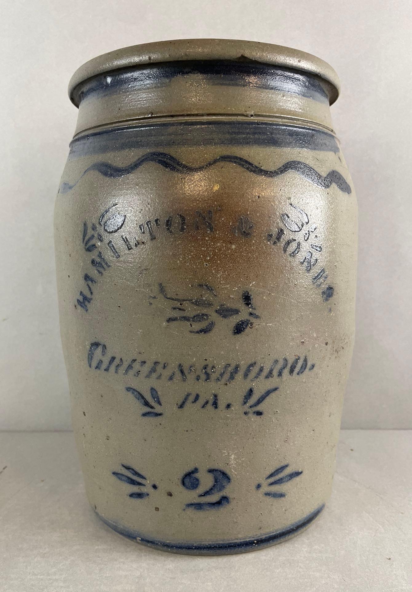 Hamilton and Jones Greensboro PA 2 Gallon Striper Crock with Cobalt Decoration (1 of 7)