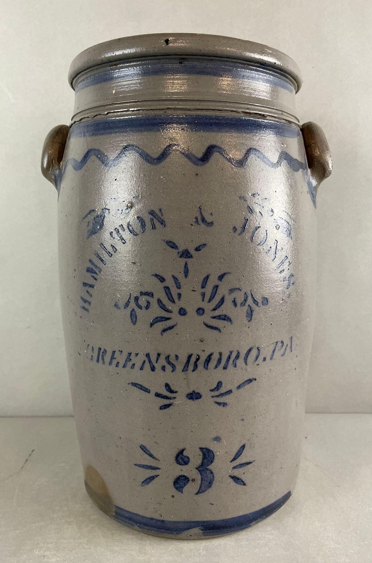 Hamilton and Jones Greensboro PA 3 Gallon Striper Crock with Cobalt Flower Decoration (1 of 8)