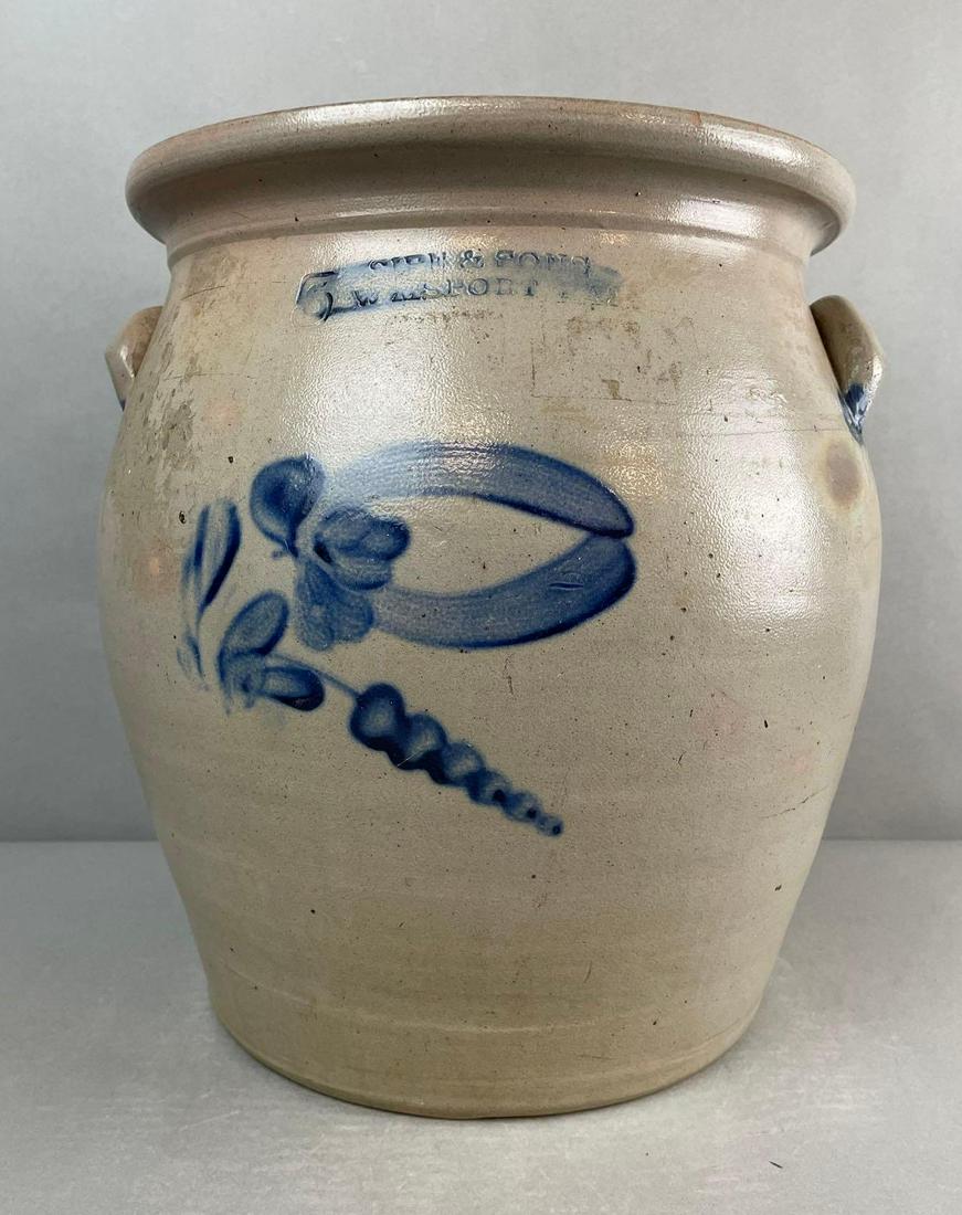 Sipe and Sons Williamsport PA 5 Gallon Salt Glaze Ovoid Crock with Cobalt Flower: some chipping and pitting, hairline cracks on bottom. measures 14 x 13 1/2 inches