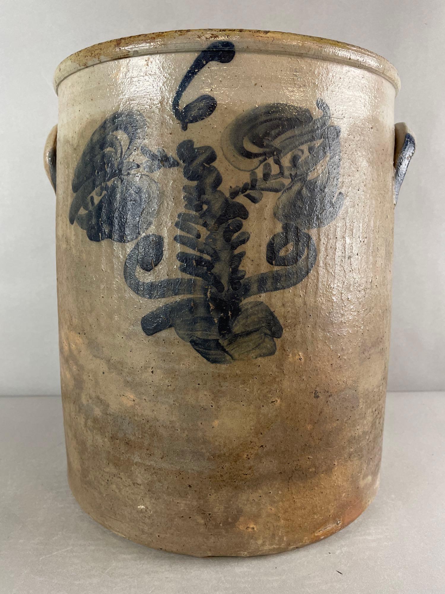 6 Gallon Salt Glaze Crock with Large Cobalt Flower Decoration (1 of 6)