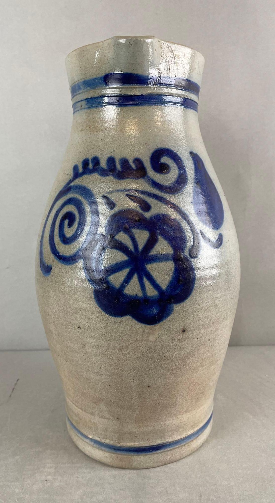 4 Liter Salt Glaze Pitcher with Vivid Cobalt Flower Decoration (1 of 7)