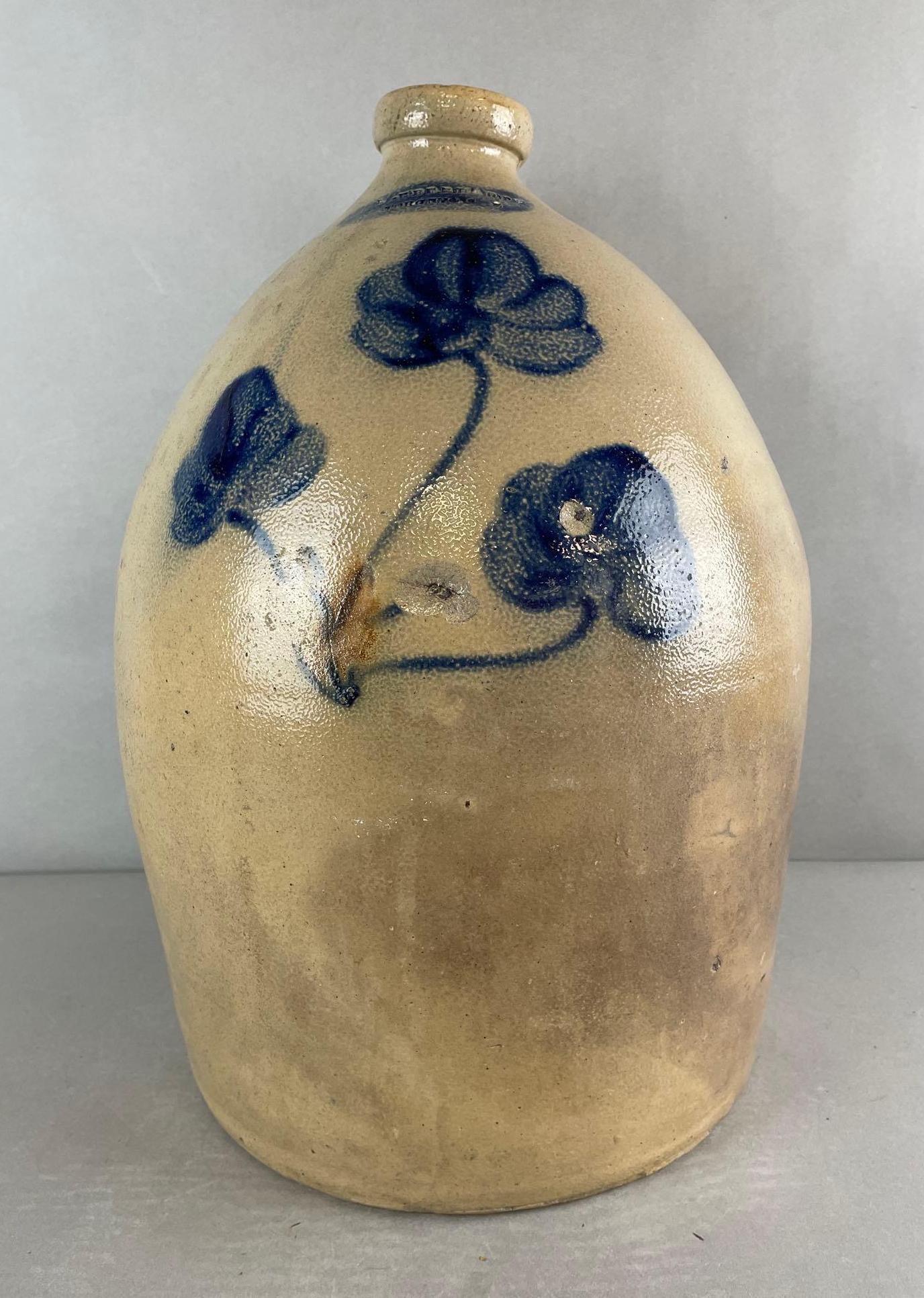 N. Eberhardt Toronto 5 Gallon Salt Glaze Jug with Large Cobalt Flower (1 of 8)