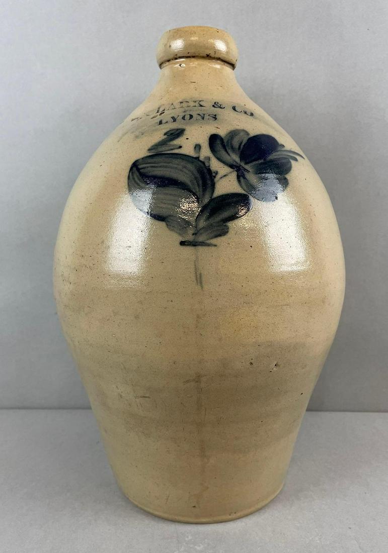 N. Clark and Co. Lyons NY 2 Gallon Salt Glaze Ovoid Jug with Cobalt Flower Decoration (1 of 8)