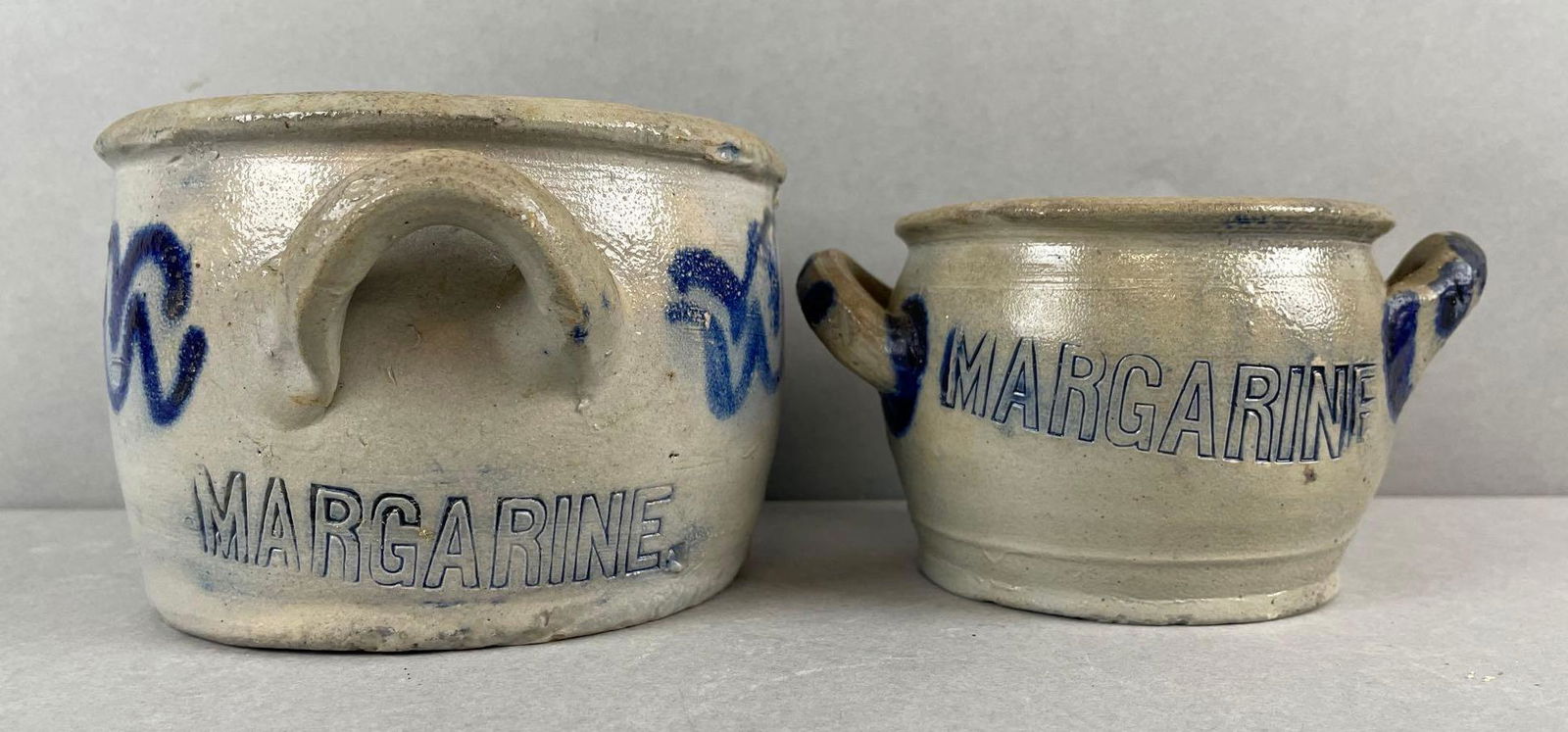 Group of 2 Salt Glaze Margarine Crocks with Cobalt Decoration (1 of 6)
