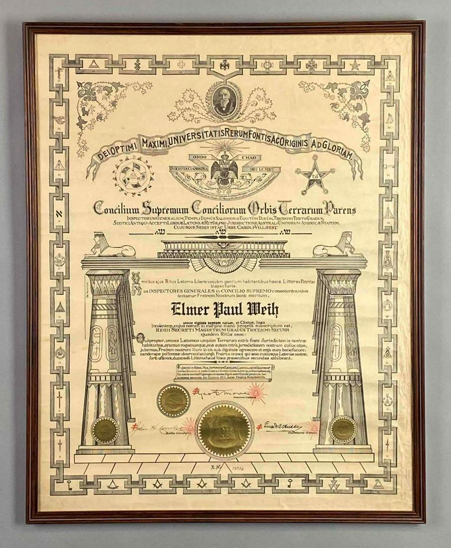 1915 Latin Supreme Council of the World Enrollment Ceremony Certificate: October 1915 Induction of Elmer Paul Weih, Frame measures 24 1/2 x 19 1/2in, Paper measures 24 x 19in.