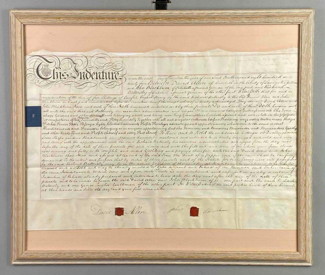 1824 Indentured Servitude Legal Documentation with Seals: Between David Allen and John Blackhorn, Frame measures 22 1/4 x 26 1/4in, Document measures 15 3/4 x 24in.