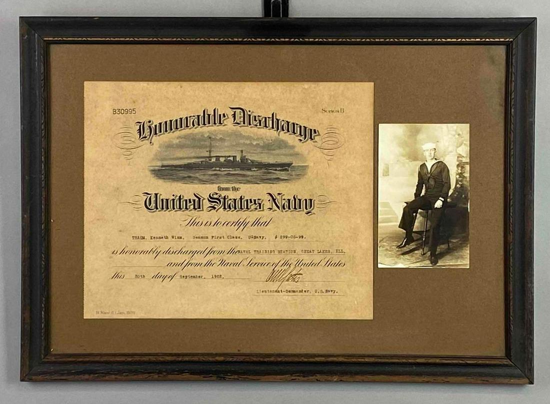 1922 US Navy Honorable Discharge Certificate and Photograph (1 of 4)