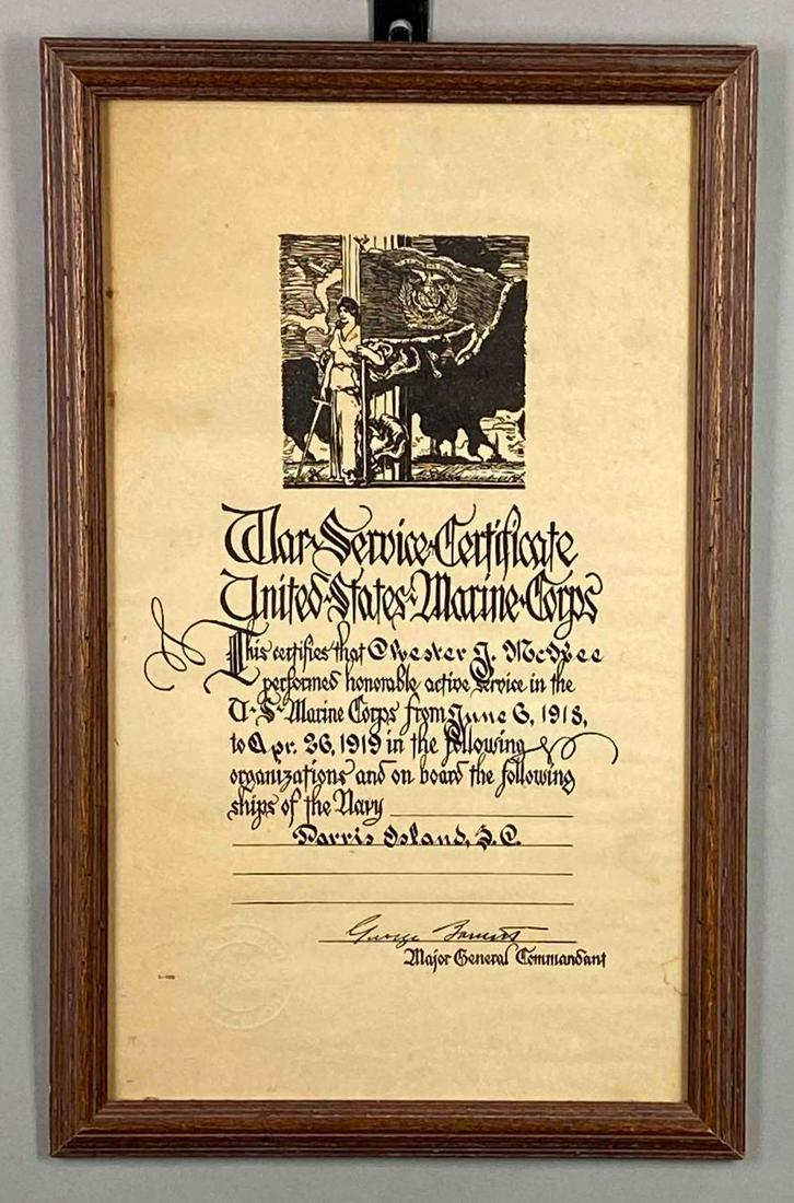 WW1 1919 US Marine Corps War Service Certificate: Chester J. McPhee, Frame measures 19 3/4 x 12 1/2in, Certificate measures 18 1/2 x 11in.