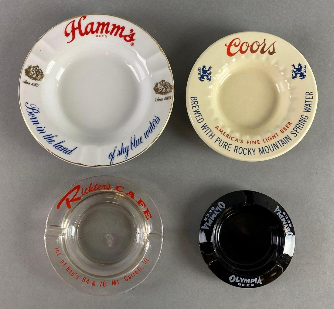 Group of 4 Beer Advertising Ashtrays: Includes Hamms Beer, Coors Light Beer, Richters Cafe, and Olympia Beer, Largest measures 6 3/4 x 1 1/4in.
