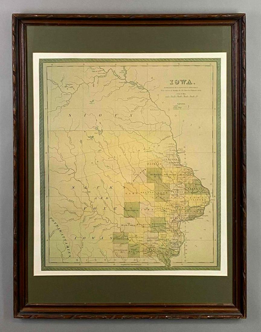 1846 S. Augustus Mitchell Iowa State Map Print: Frame measures 29 1/4 x 22 1/4in, Print measures 21 1/2 x 18 1/2in.