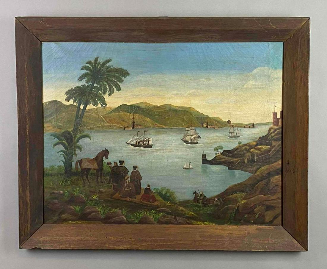 C. 1860 Caribbean Ship Trader Harbor Scene Oil Painting on Canvas: This unsigned painting shows the hilltop view from an unknown Caribbean location as ships sail into a bay. The front ship appears to be a steam wheel vessel of some sort while the others are tradition