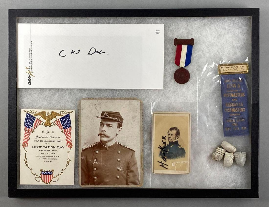 Group of 10 GAR Ephemera, Medals, and More: Includes ribbon, photograph, civil war document; and more. Photograph measures 5 3/4 x 4 inches