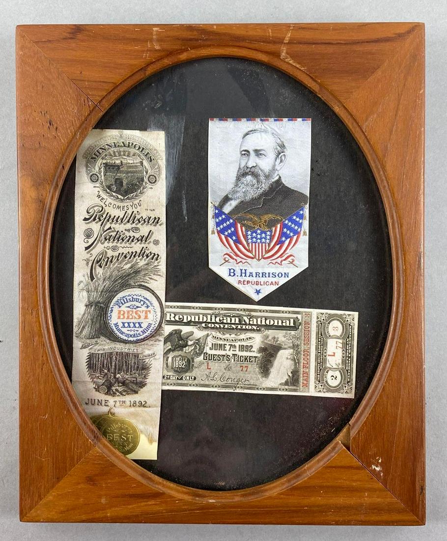 Group of 3 1892 Republican National Convention Ephemera: Includes BH Harrison Ribbon, Guest Ticket, and more. Frame measures 10 1/2 x 9 inches