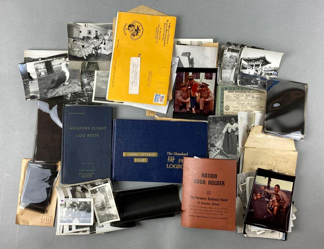Group of 100+ Assorted Military Ephemera: Includes negatives, aviators flight book, photographs, and more. Log book measures 6 x 8 1/2 inches