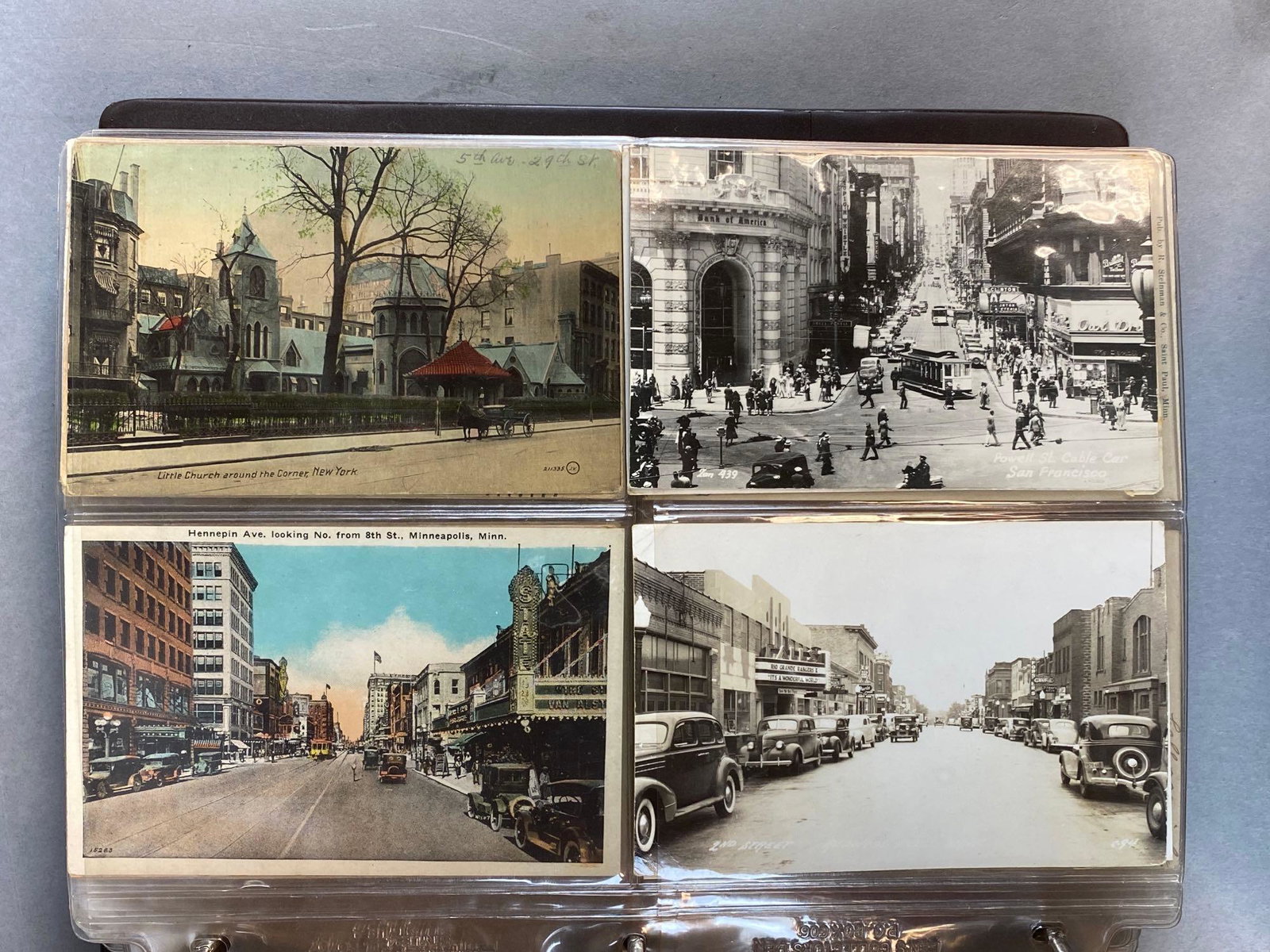 250+ Postcards - Downtown Cities Towns Buildings: 250+ cards in binder, includes real photo, linen, cityscapes and more