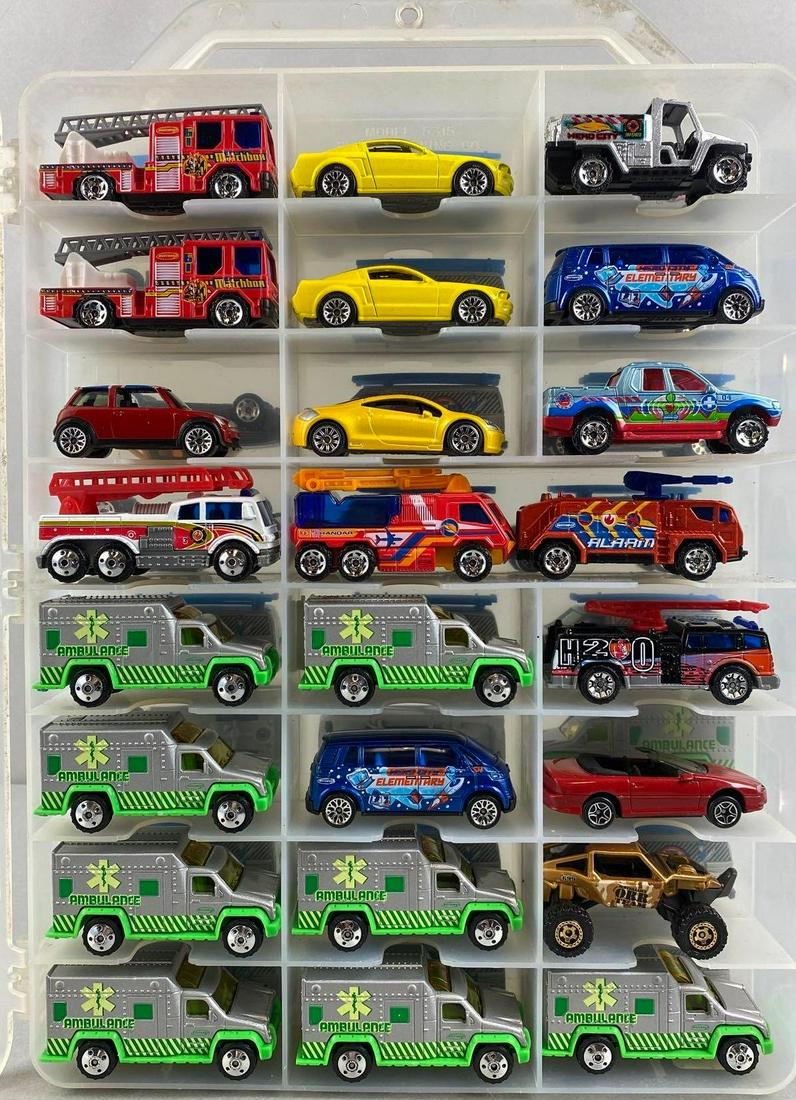 Group of 48 Assorted Die-Cast Vehicles with Case: Case measures 14 1/2 x 9 1/2 x 3 1/4 inches (with handle). Includes Matchbox Ford Mustang GT Concept, Hot Wheels V3, Matchbox Chevrolet Avalanche, and more.