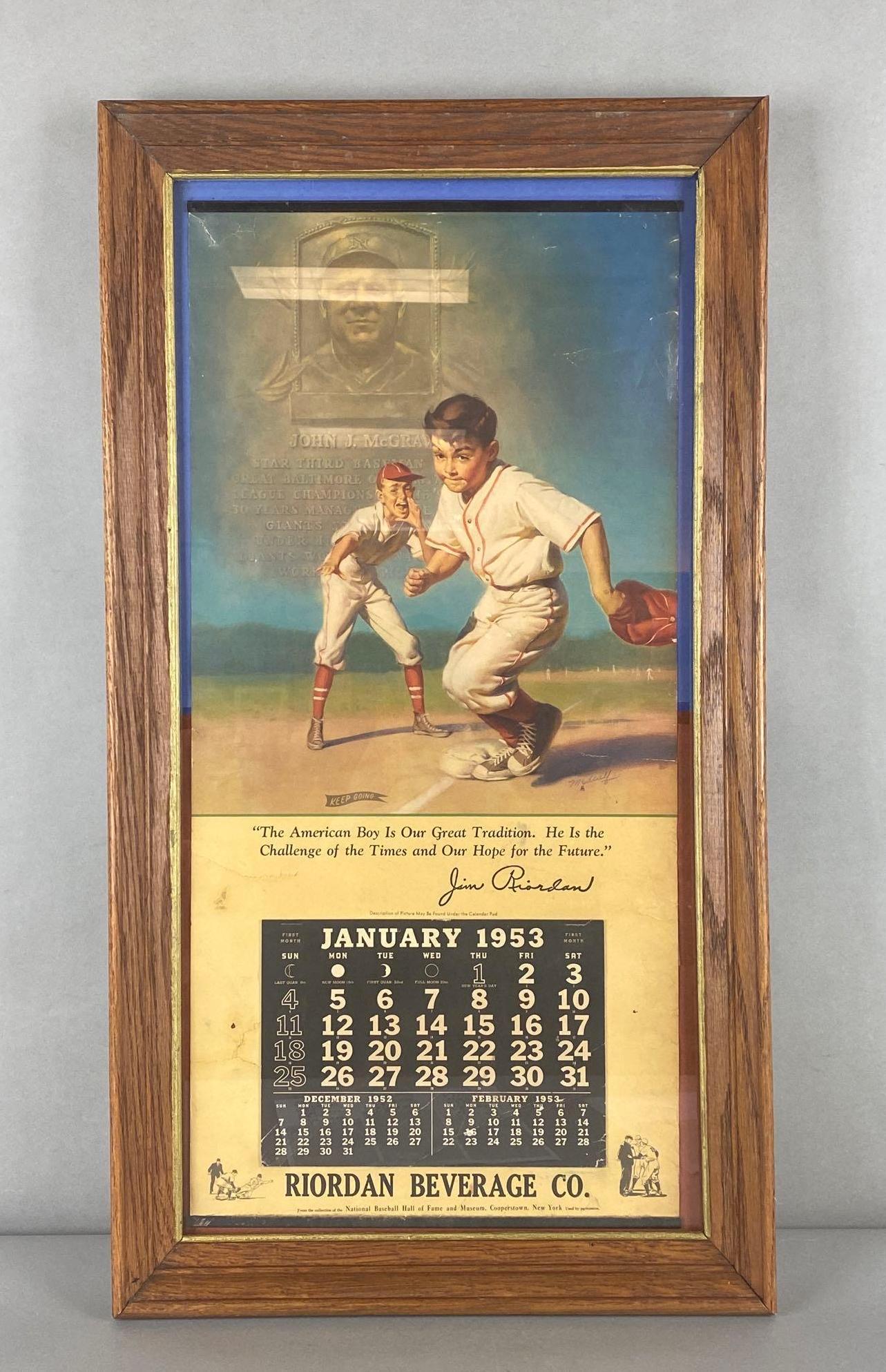 Framed 1953 Riordan Beverage Co Ottawa, IL - John McGraw Baseball HOF Advertising Calendar (1 of 2)
