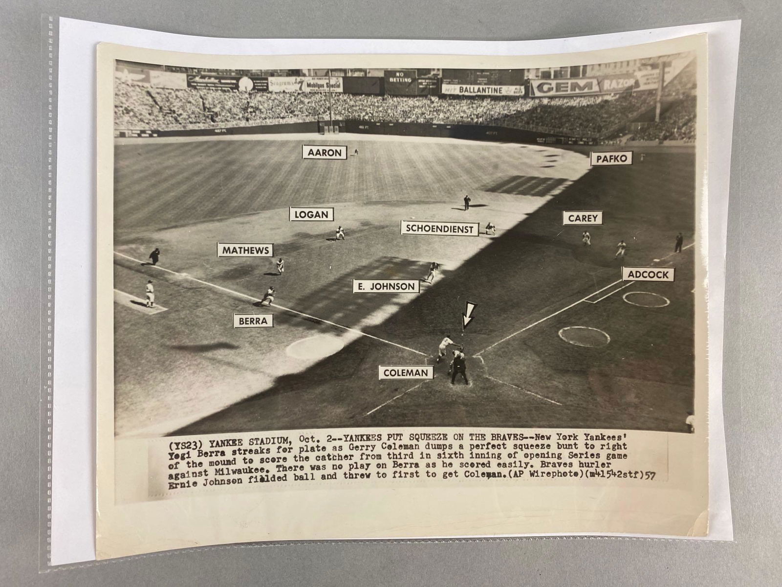 1957 Wire Photo Yankee World Series the Squeeze (1 of 1)