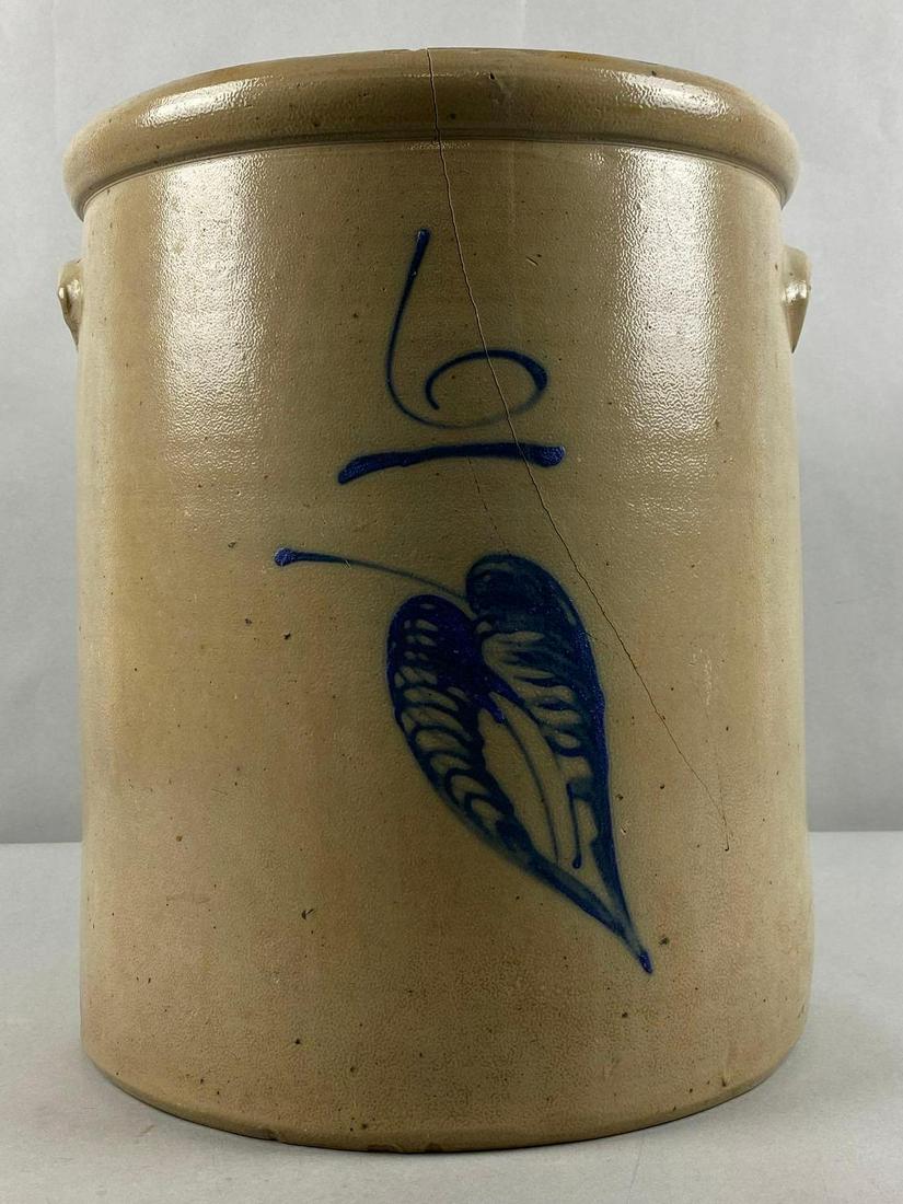6 Gallon Red Wing Salt Glaze Leaf Stoneware Crock: 6 Gallon cobalt Leaf Red Wing Minnesota with hairline cracks. Areas appear to be glued. 15 x 12 x 12 inches